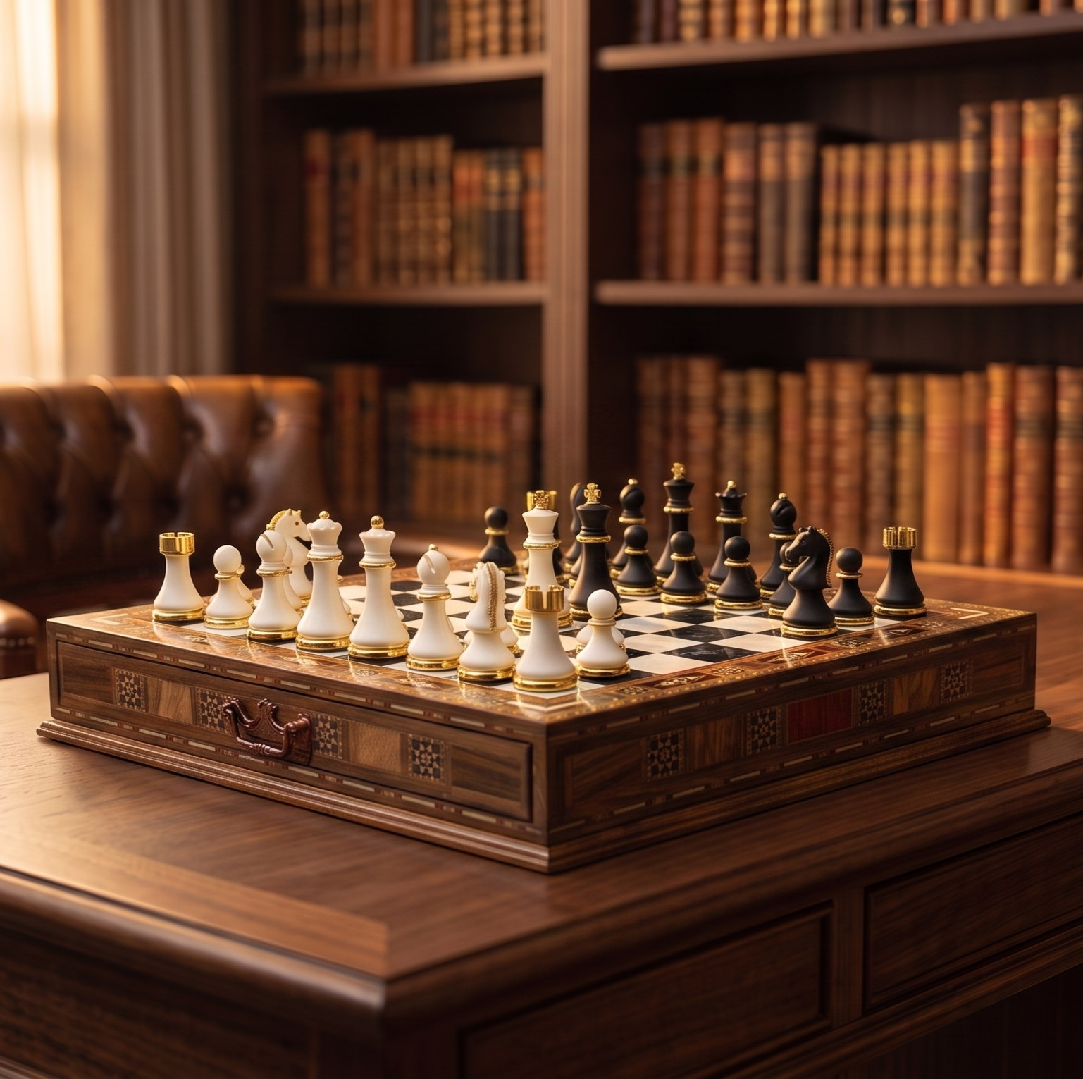 Walnut chess set in warm evening light, atmospheric lifestyle shot – Chess studio