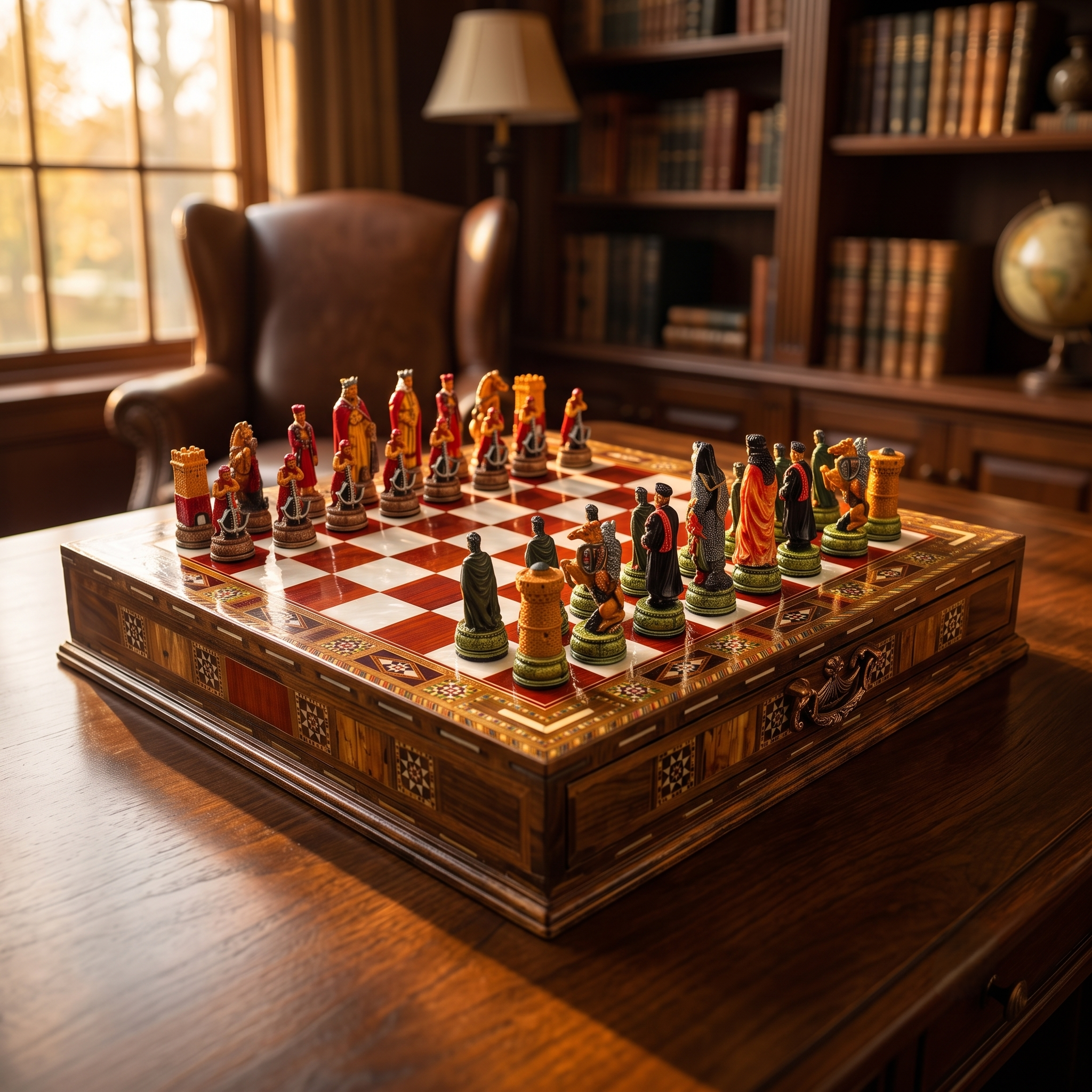 Premium mosaic chess set on library desk, lifestyle photo – chess studio