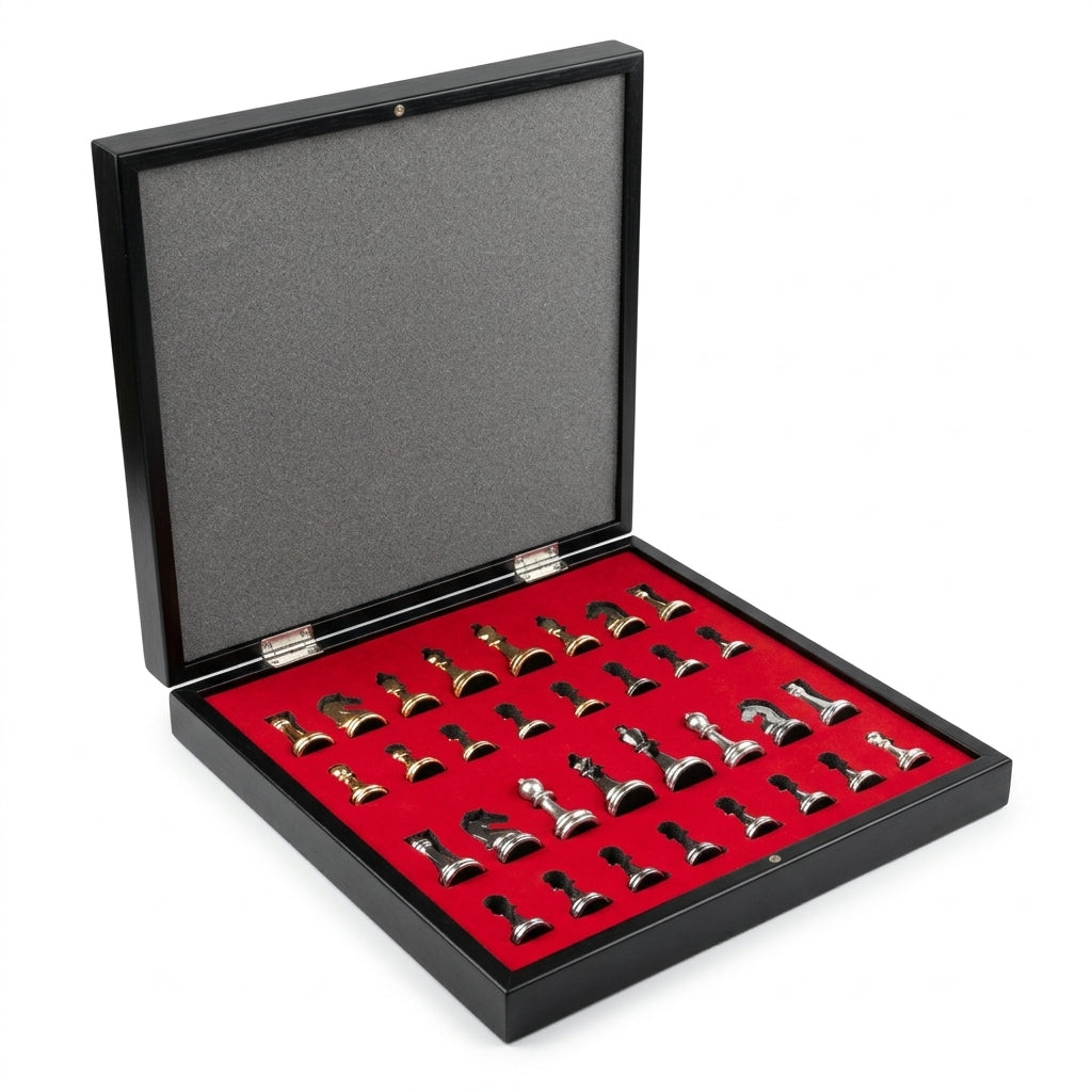 Geöffnete Aufbewahrungsbox des Schachspiels mit Metallfiguren – Schachatelier
