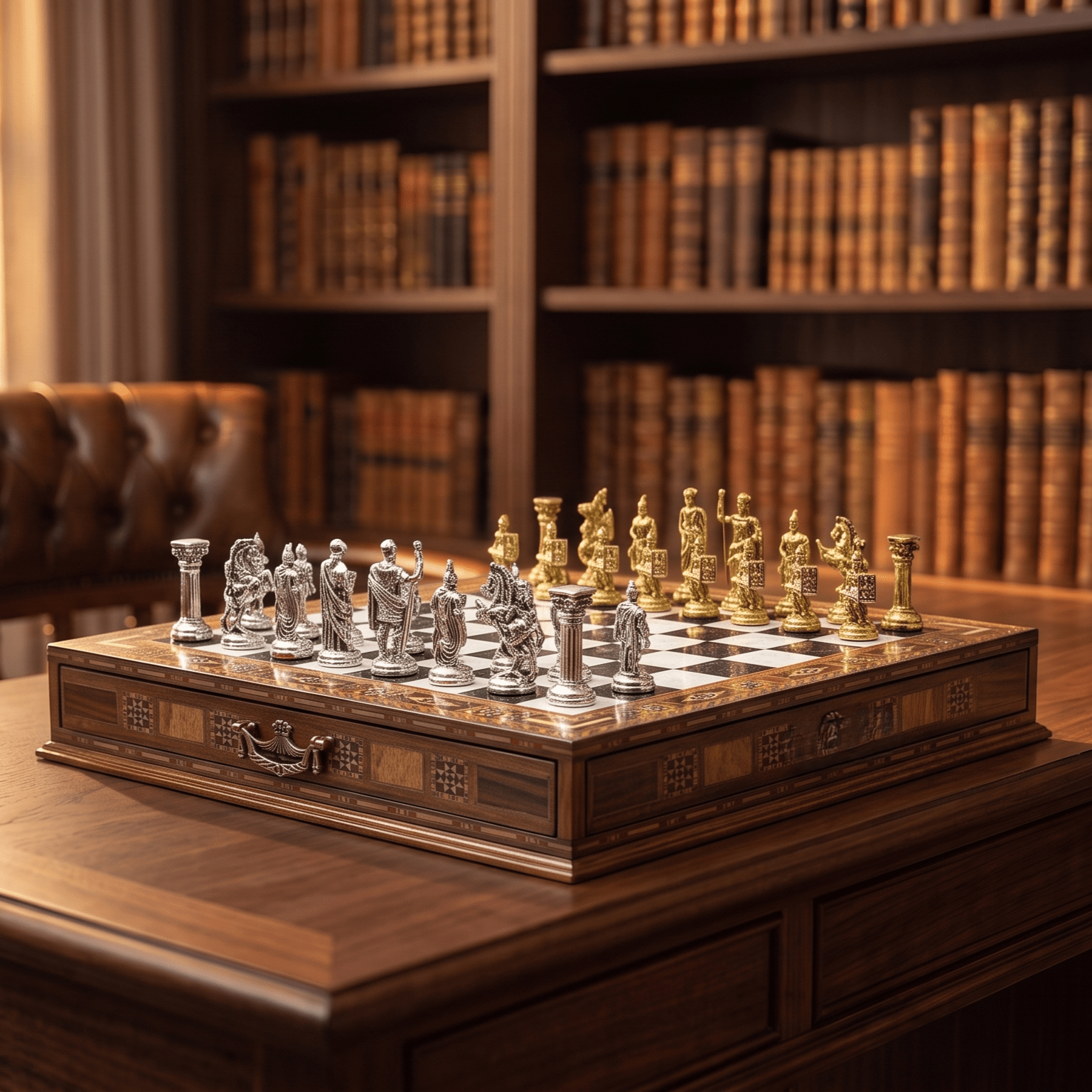 Roman chess set on a dark library desk, lifestyle shot – chess studio