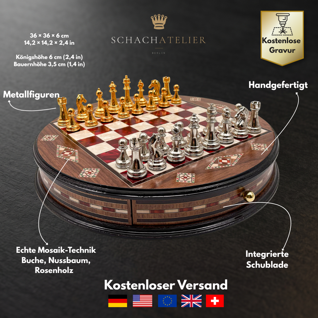 Infographic about the material and dimensions of the round mosaic chess set – Chess studio