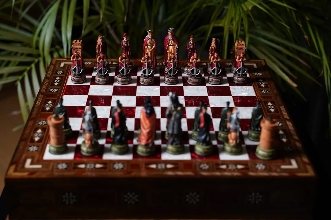 Premium Mosaik-Schachspiel aus Holz mit Schublade, handgefertigt – Schachatelier