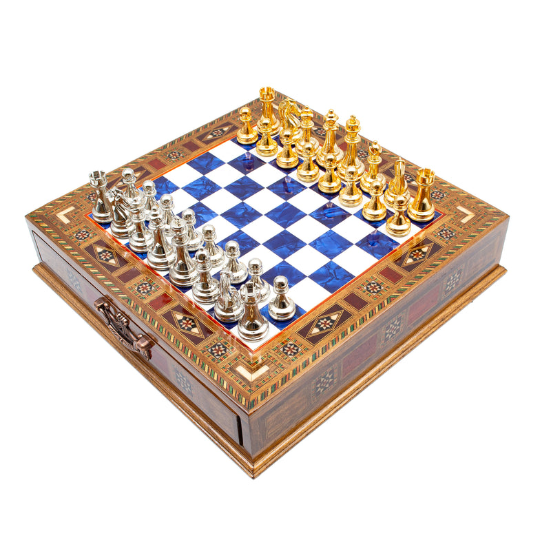 Wooden chess set with blue board and drawer, handcrafted – Chess atelier