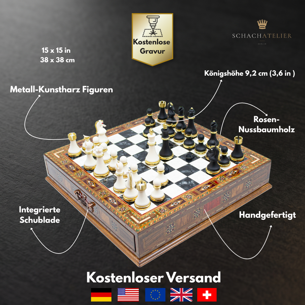 Infographic on the material and dimensions of the walnut chess set – Chess studio