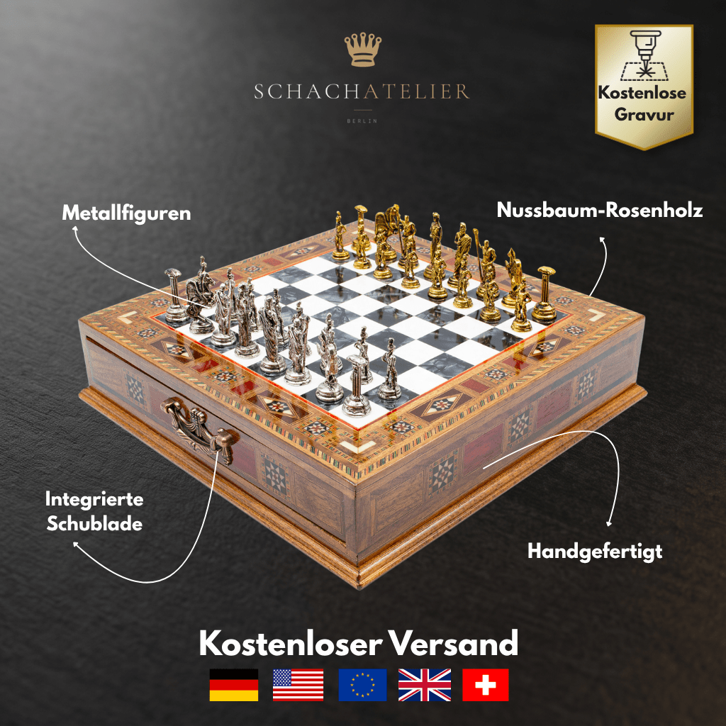 Infographic on the material, dimensions and craftsmanship of the Roman chess set – Chess studio