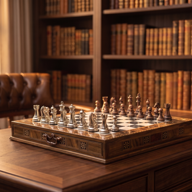 Chess set with drawer in warm fireplace light, atmospheric lifestyle scene – Chess studio