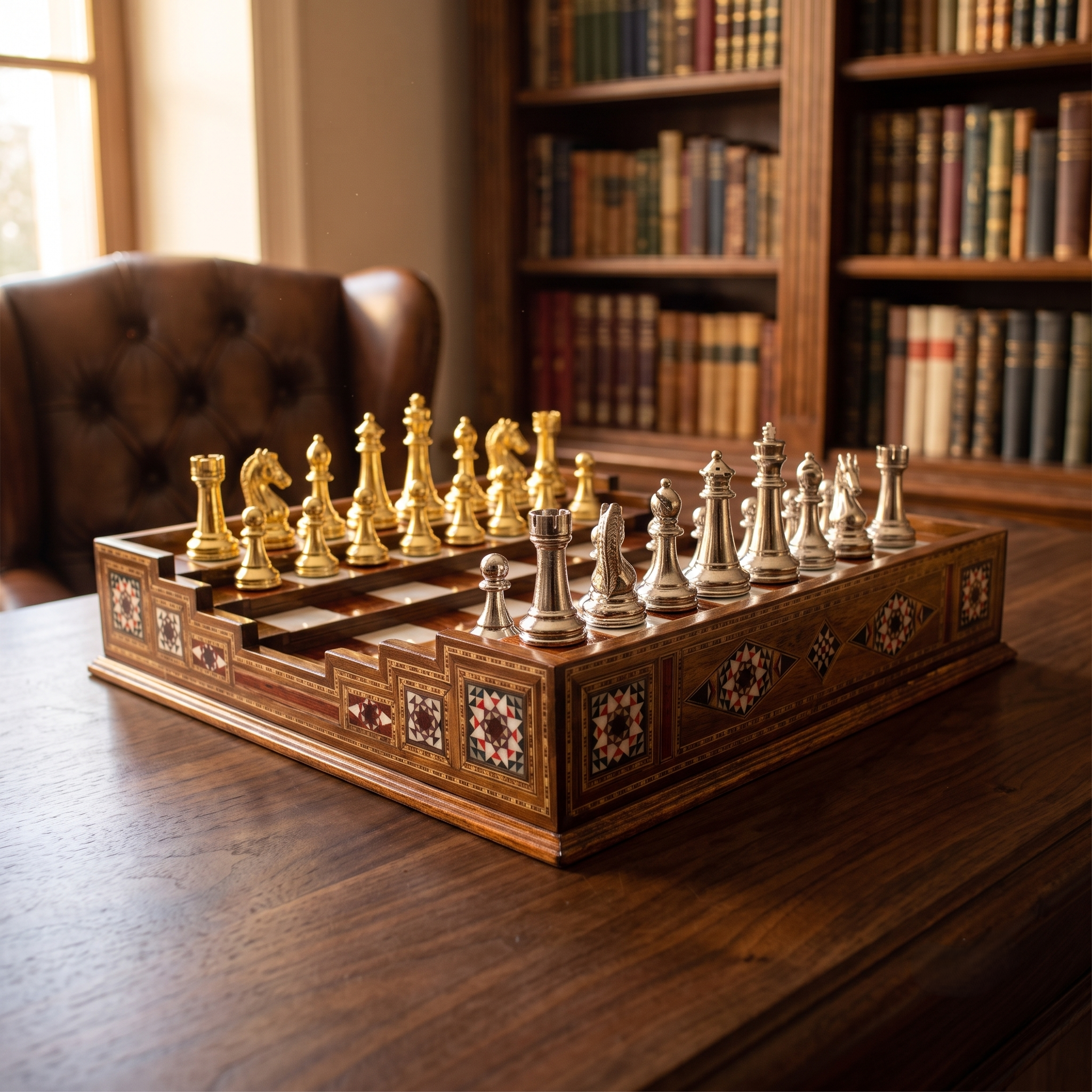 Arena Chess Game Premium on Library Desk in Evening Light – Chess Studio