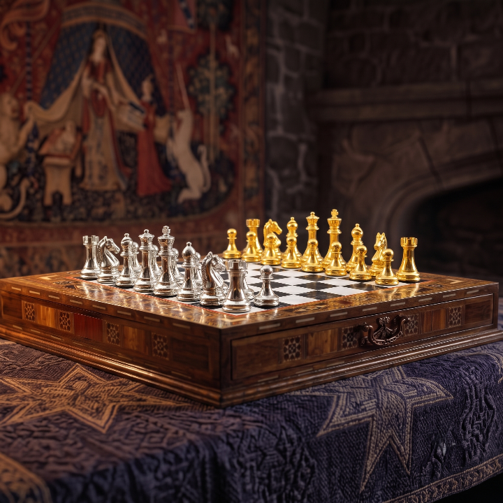 Chess set with drawer on library desk, lifestyle photo - Chess Studio