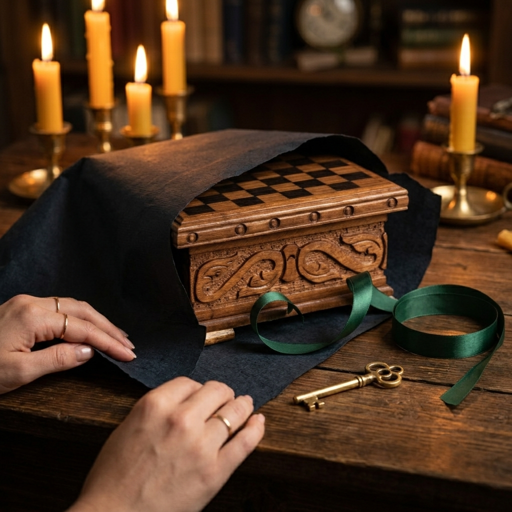 Walnut Chess Set with Hidden Lock, Atmospheric Lifestyle Photo – Chess Atelier