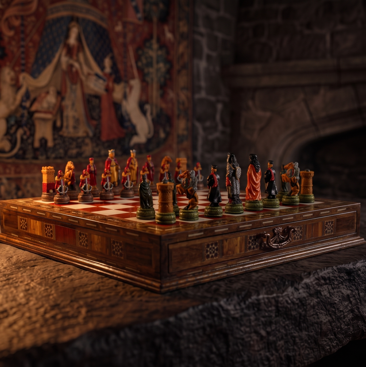 Premium mosaic chess set in atmospheric candlelight, lifestyle scene – chess studio