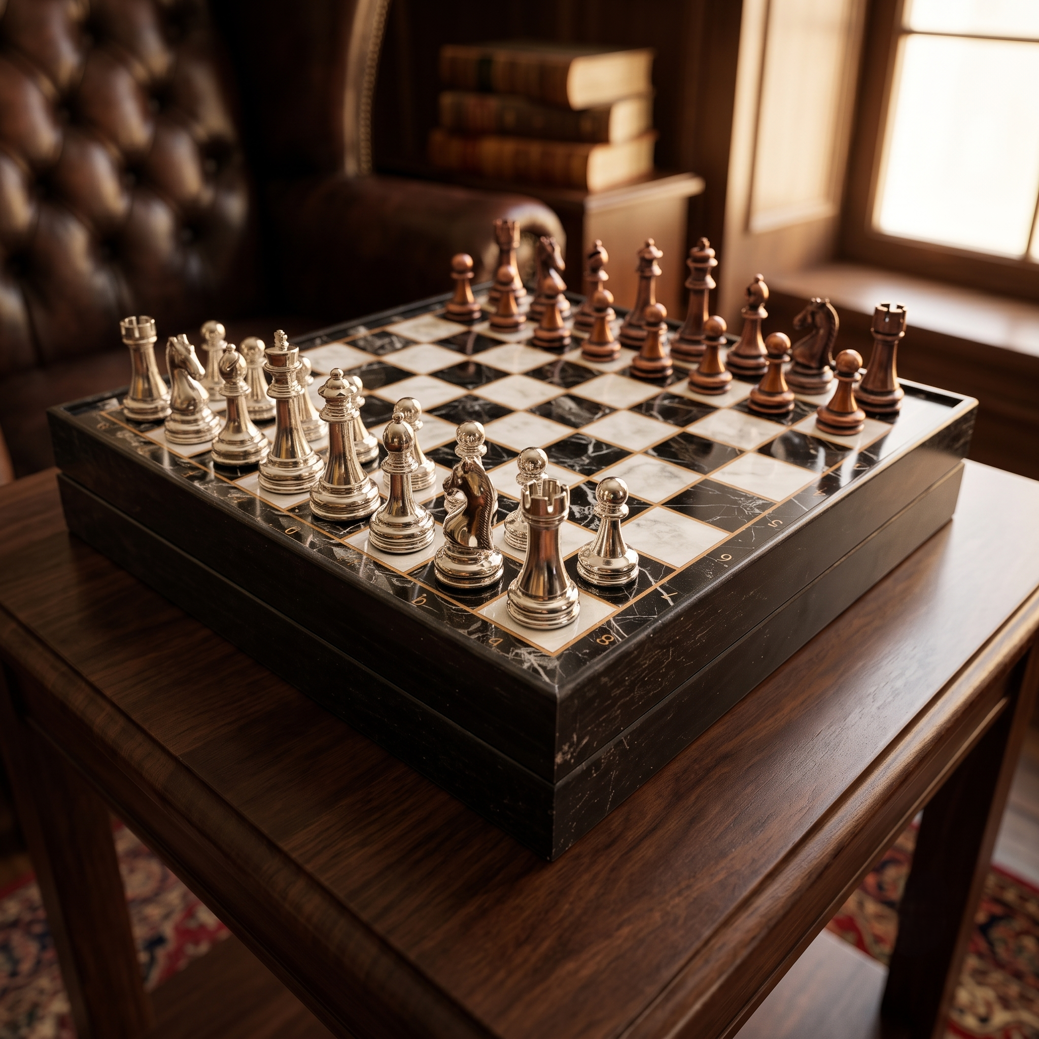 Chess set with metal pieces on an elegant desk, lifestyle photo – chess studio