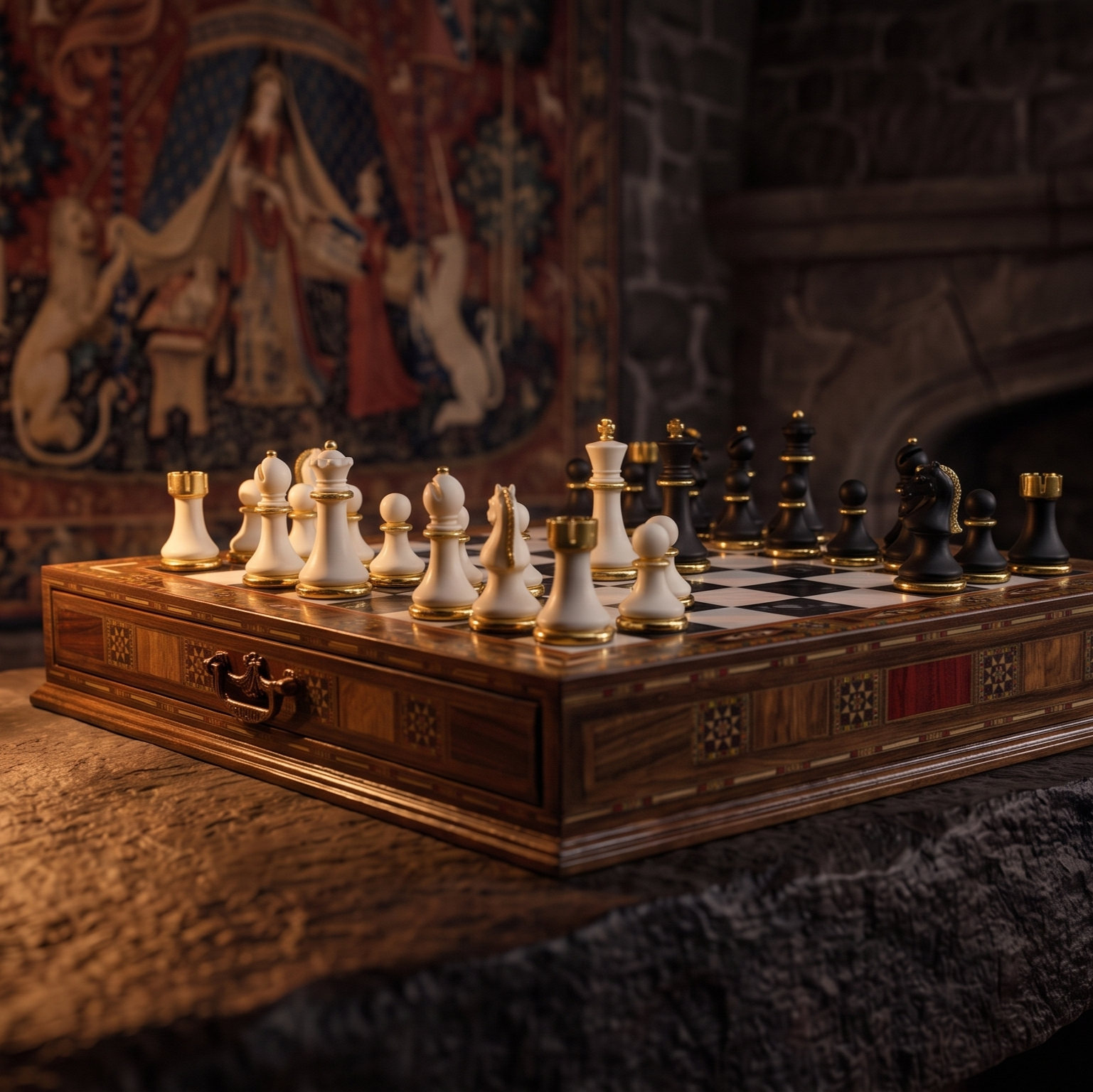 Walnut chess set with gold and silver pieces on desk, lifestyle shot – chess studio