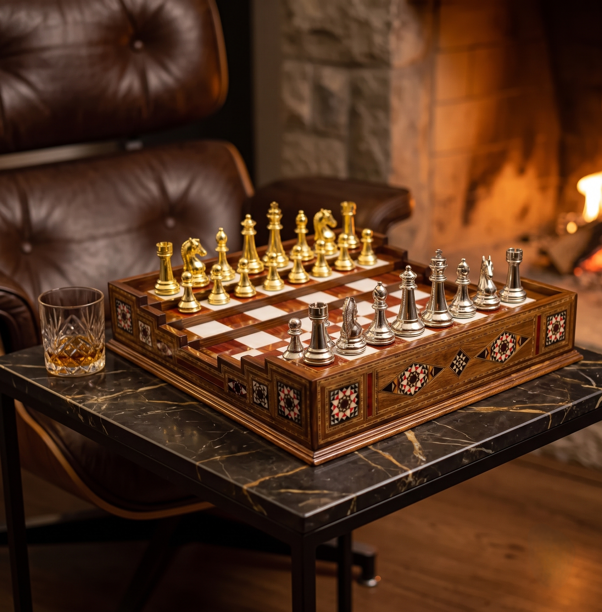 Arena chess set Premium on a marble table next to a leather armchair, lifestyle shot – chess atelier