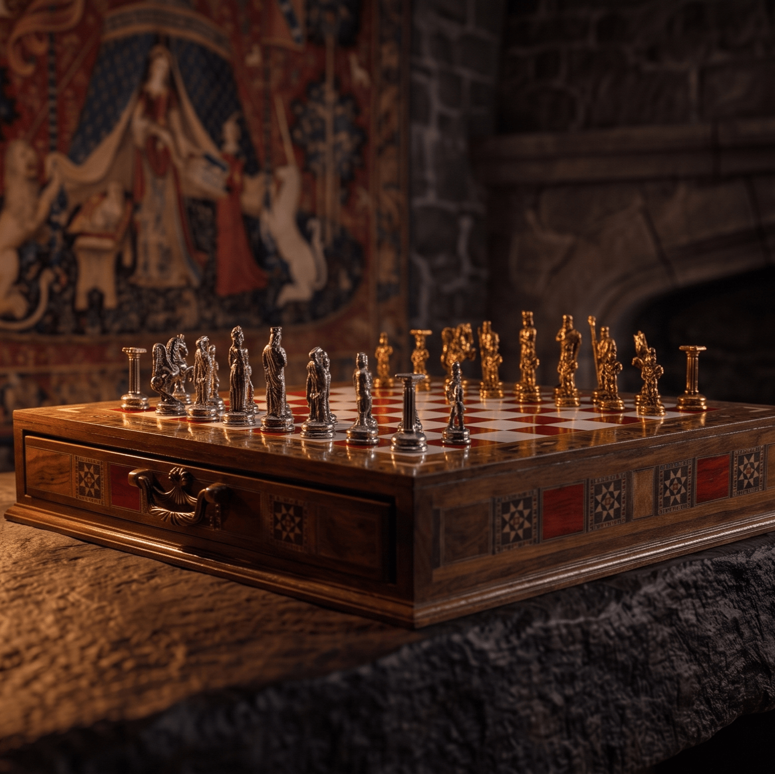 Roman chess set in warm evening lighting, atmospheric lifestyle scene – Chess studio