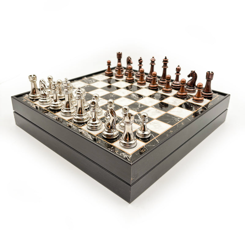 Handcrafted chess set with metal pieces in copper‑silver and storage box – Chess atelier