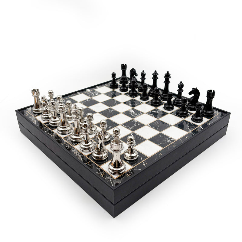 Chess set with metal pieces in black‑silver and elegant storage box – Chess Atelier