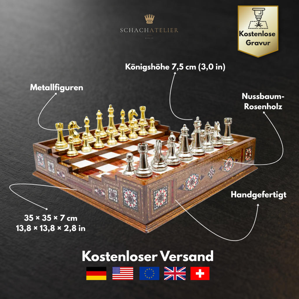 Infographic on materials and dimensions of the Arena Chess Game Premium – Chess Atelier