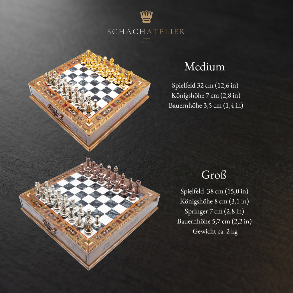 Size overview of the chess set with drawer, 32 and 38 cm – Chess atelier