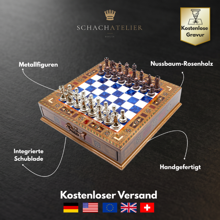 Infographic with dimensions and materials of the chess set with drawer - chess studio