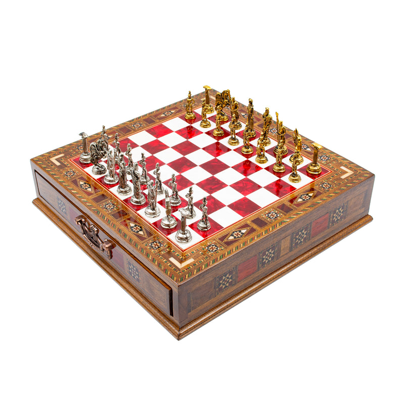 Roman wooden chess set in red with drawer, handcrafted – Chess Atelier