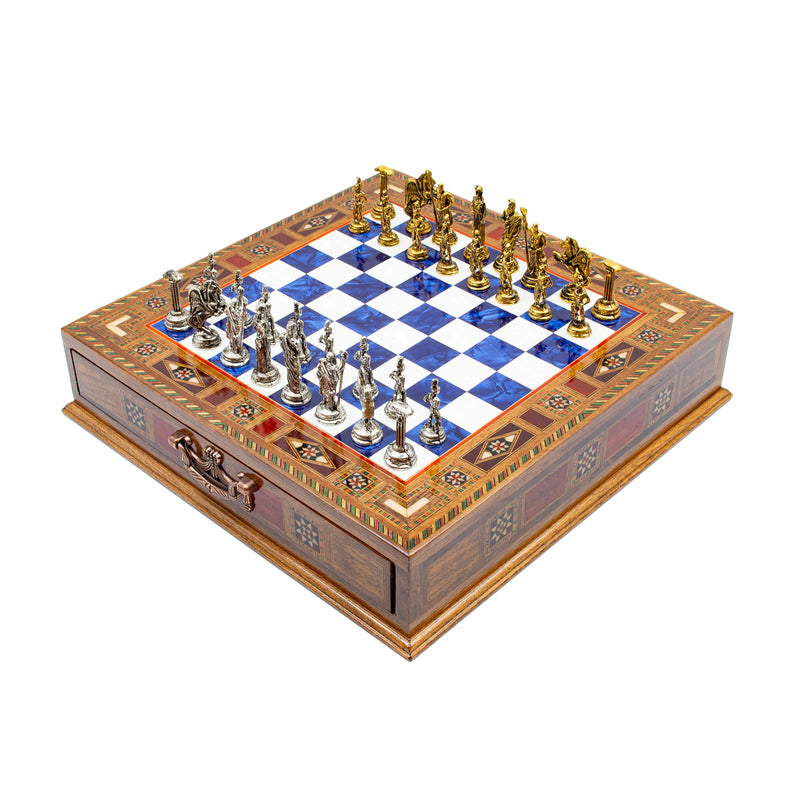 Handcrafted Roman wooden chess set in blue with storage drawer – Chess studio