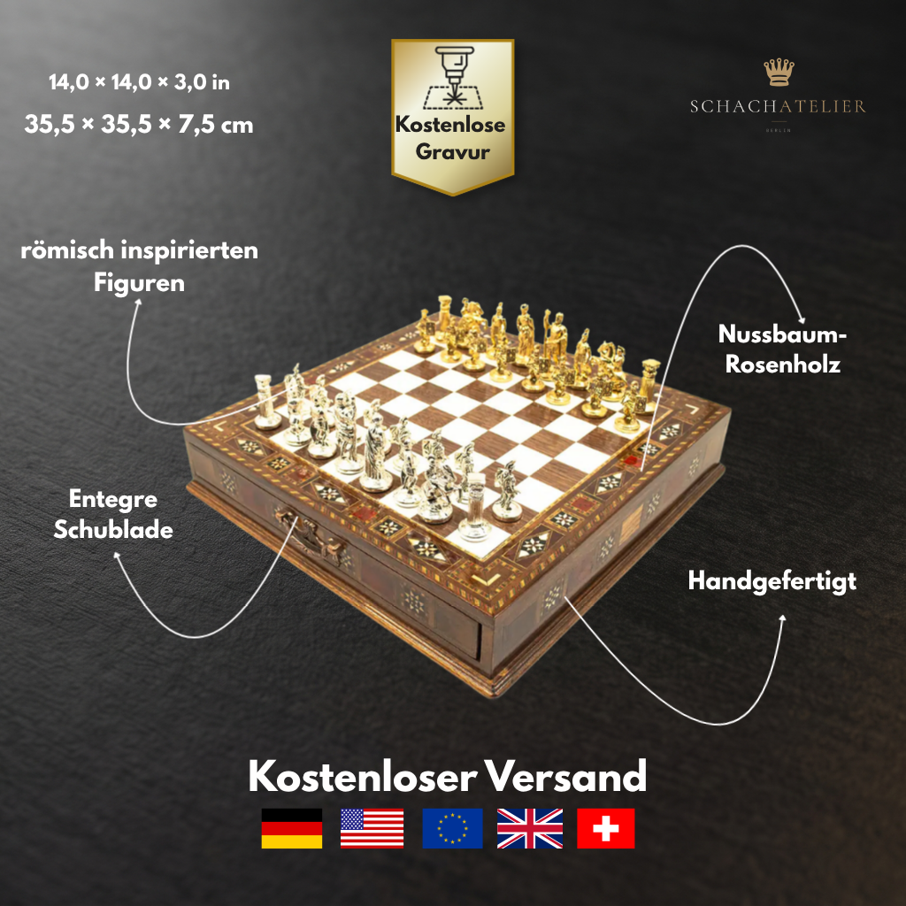 Handcrafted Roman chess set with metal pieces, studio shot – Chess studio