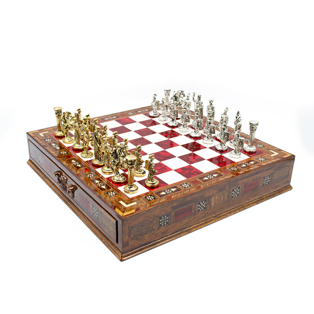 Roman Wooden Chess Set with Storage in Red, Handcrafted & Personalizable, 12.6 & 15.0 in (32 & 38 cm)
