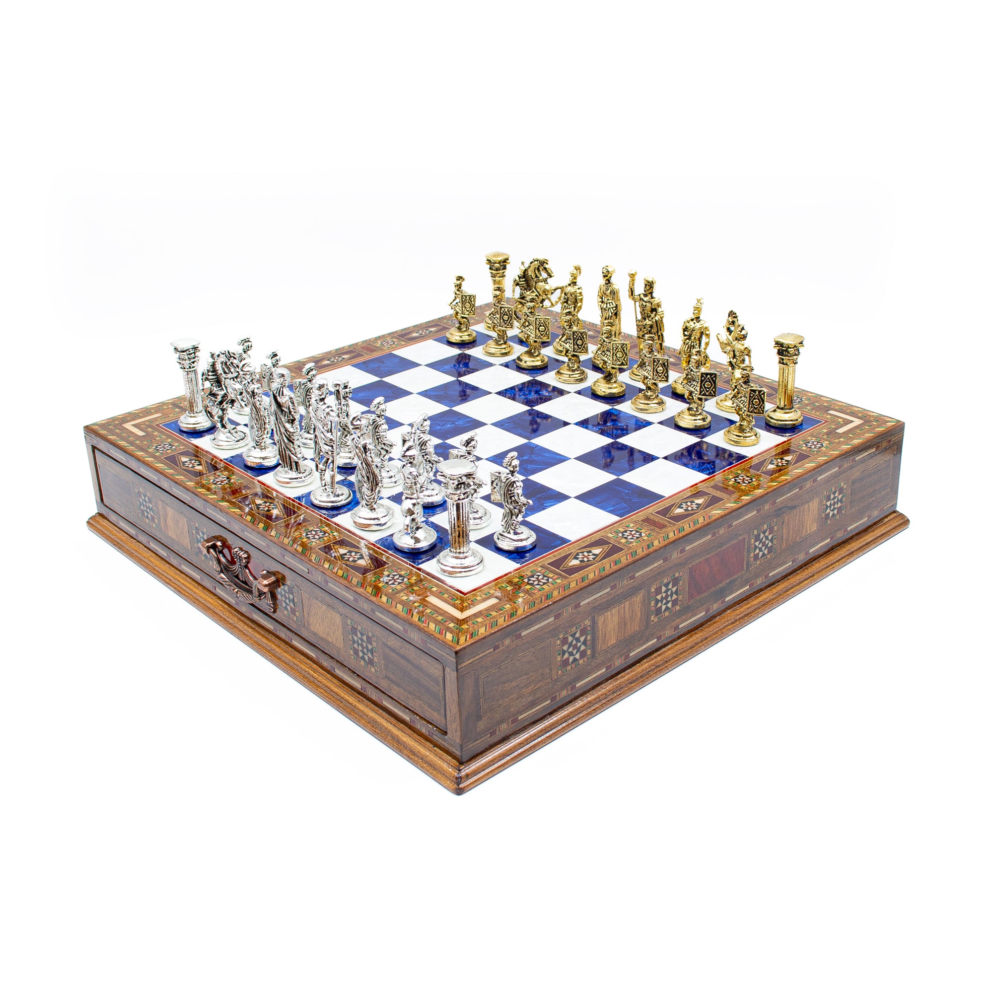 Roman Wooden Chess Set with Storage in Red, Handcrafted & Personalizable, 12.6 & 15.0 in (32 & 38 cm)