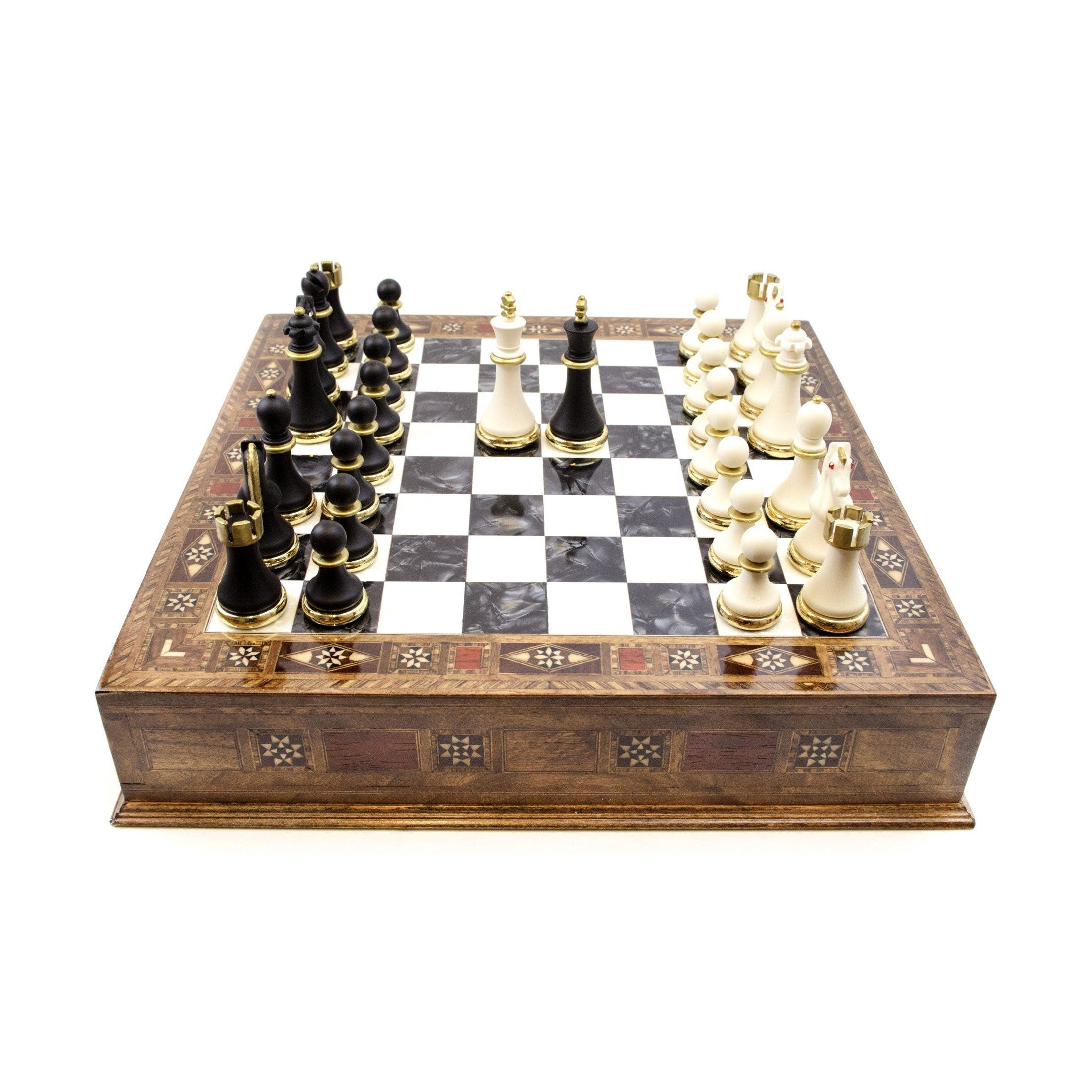 Luxurious walnut chess set with drawer and metal pieces - Chess atelier