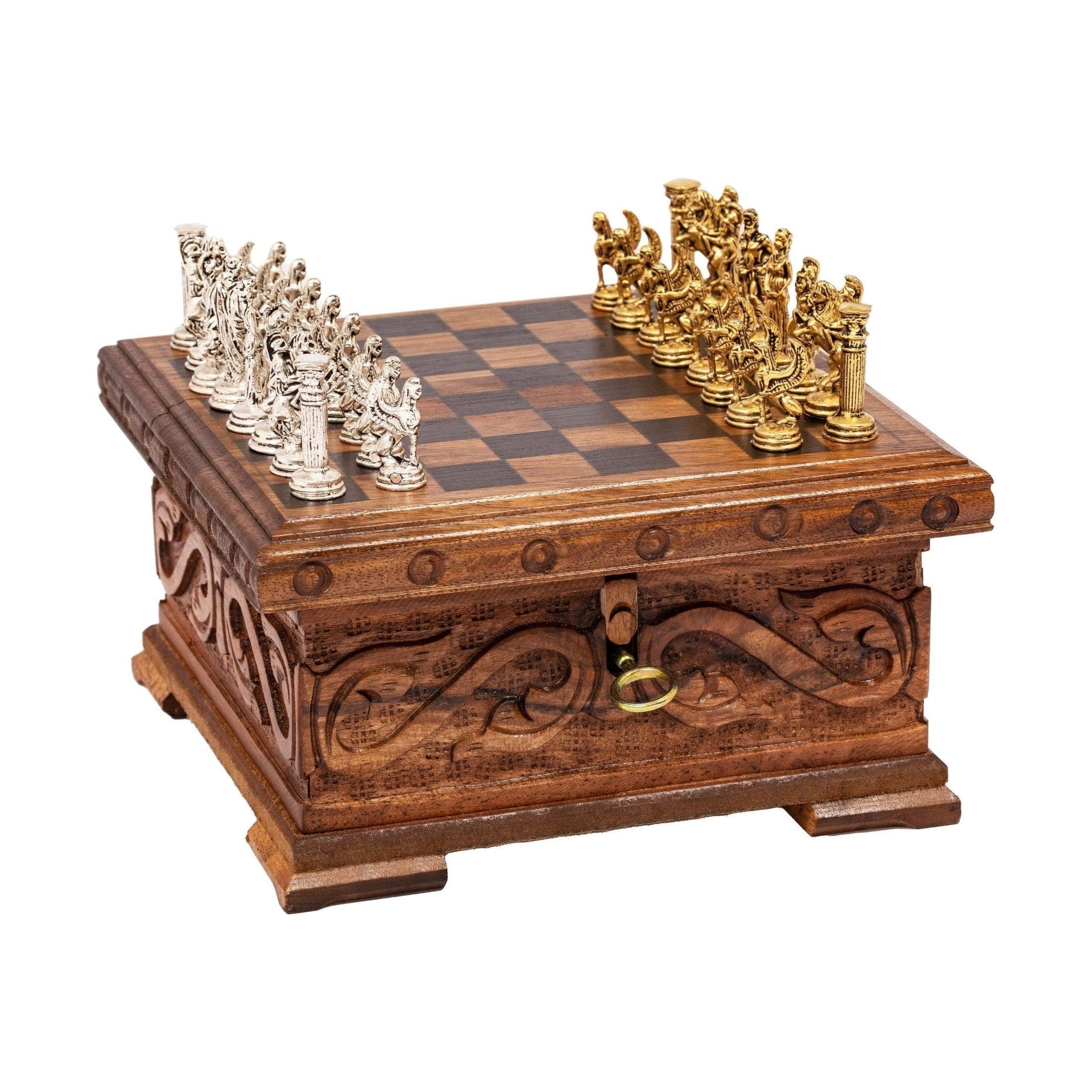 Handgefertigtes Schachspiel aus Nussbaum-Holz mit verstecktem Schloss, 20 cm – Schachatelier