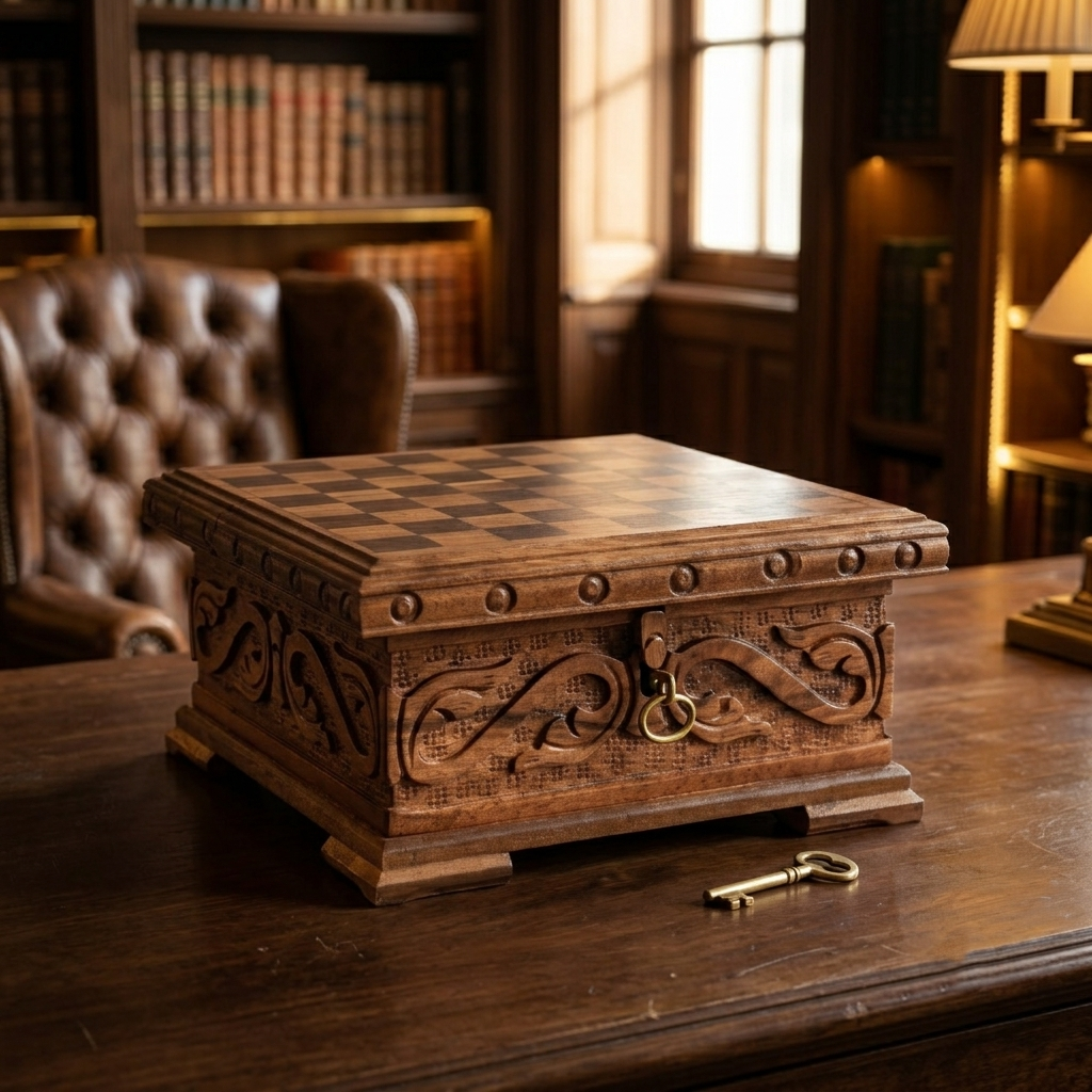 Walnut chess set with hidden lock on desk, lifestyle shot – chess studio