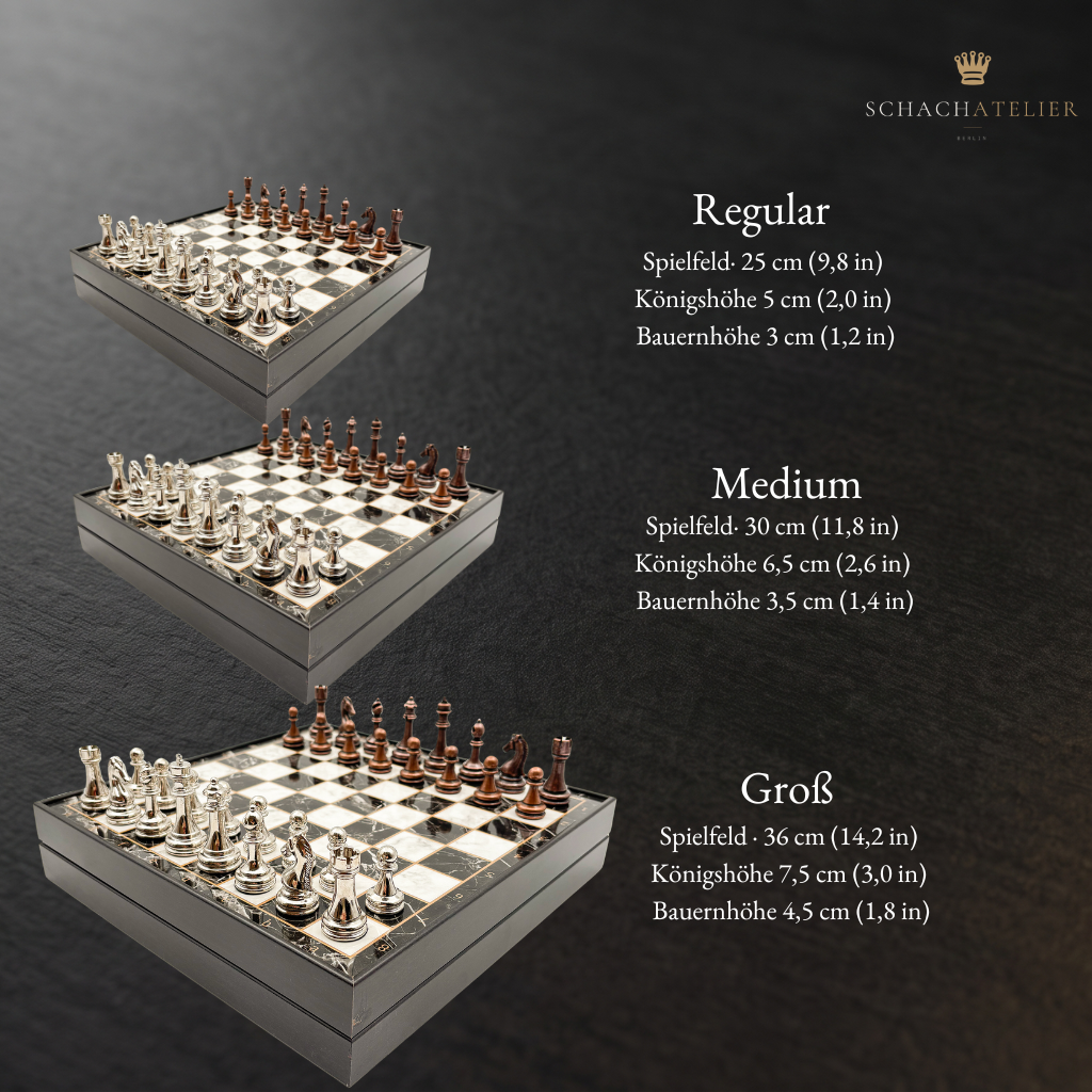 Size chart for the chess set with metal pieces in three sizes – Chess atelier