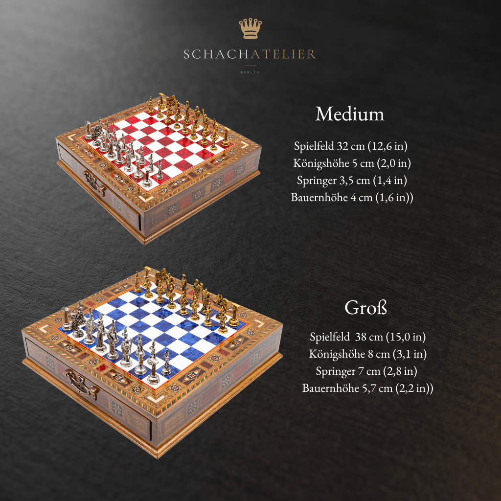 Size chart of the Roman chess set in 32 and 38 cm – Chess studio