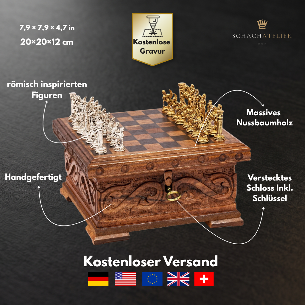 Infographic on material, dimensions, and hidden lock of the walnut chess set – Chess workshop